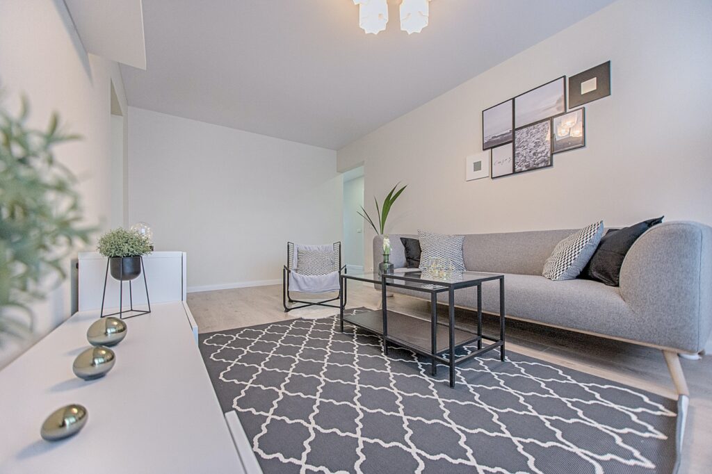 A spacious room featuring a large rug and a gray couch, creating a stylish and inviting atmosphere.