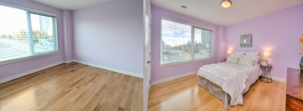 A before-and-after bedroom with pink background staged by Helen's Design.