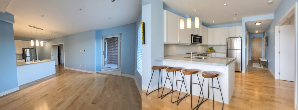 A before-and-after living room and kitchen with blue background staged by Helen's Design.