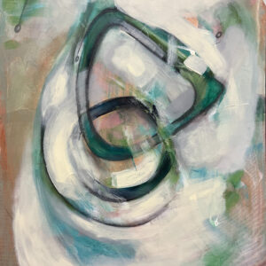 A modern abstract painting on a rectangular canvas with interlocking, elongated ovals and fluid, organic shapes that evoke a sense of movement and rhythm. The composition features muted, harmonious tones, including creamy whites, soft peaches, earthy olive greens, and gentle teal hues, layered translucently to create depth and texture. The design symbolizes the complexities and unity of relationships, with its dynamic forms and dreamlike, interconnected flow.