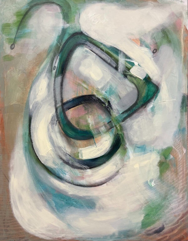 A modern abstract painting on a rectangular canvas with interlocking, elongated ovals and fluid, organic shapes that evoke a sense of movement and rhythm. The composition features muted, harmonious tones, including creamy whites, soft peaches, earthy olive greens, and gentle teal hues, layered translucently to create depth and texture. The design symbolizes the complexities and unity of relationships, with its dynamic forms and dreamlike, interconnected flow.