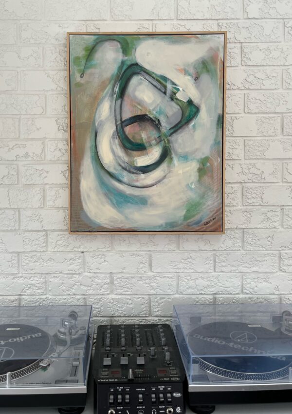 A modern abstract painting on a rectangular canvas with interlocking, elongated ovals and fluid, organic shapes that evoke a sense of movement and rhythm. The composition features muted, harmonious tones, including creamy whites, soft peaches, earthy olive greens, and gentle teal hues, layered translucently to create depth and texture. The design symbolizes the complexities and unity of relationships, with its dynamic forms and dreamlike, interconnected flow.